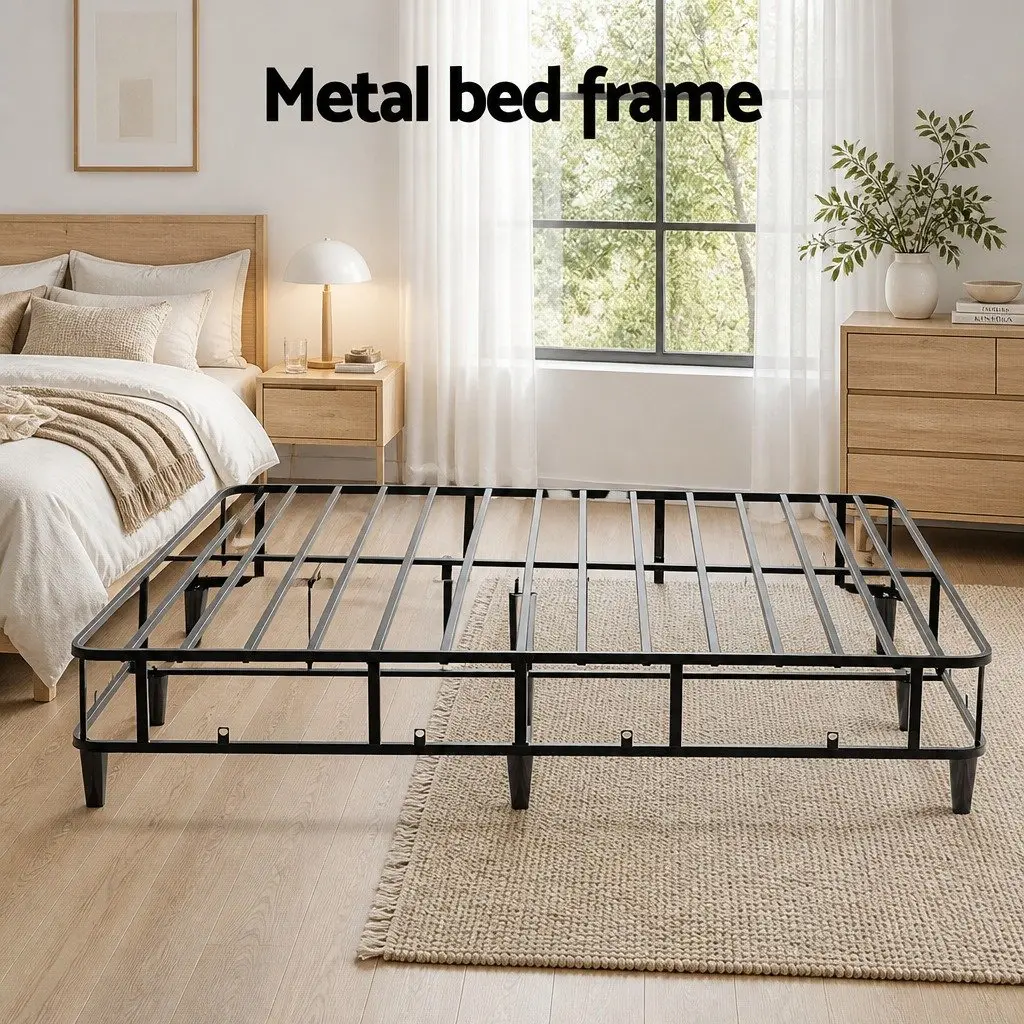 Metal Bed Frame King Size Grey Fabric Cover Sturdy Slat Support Platform