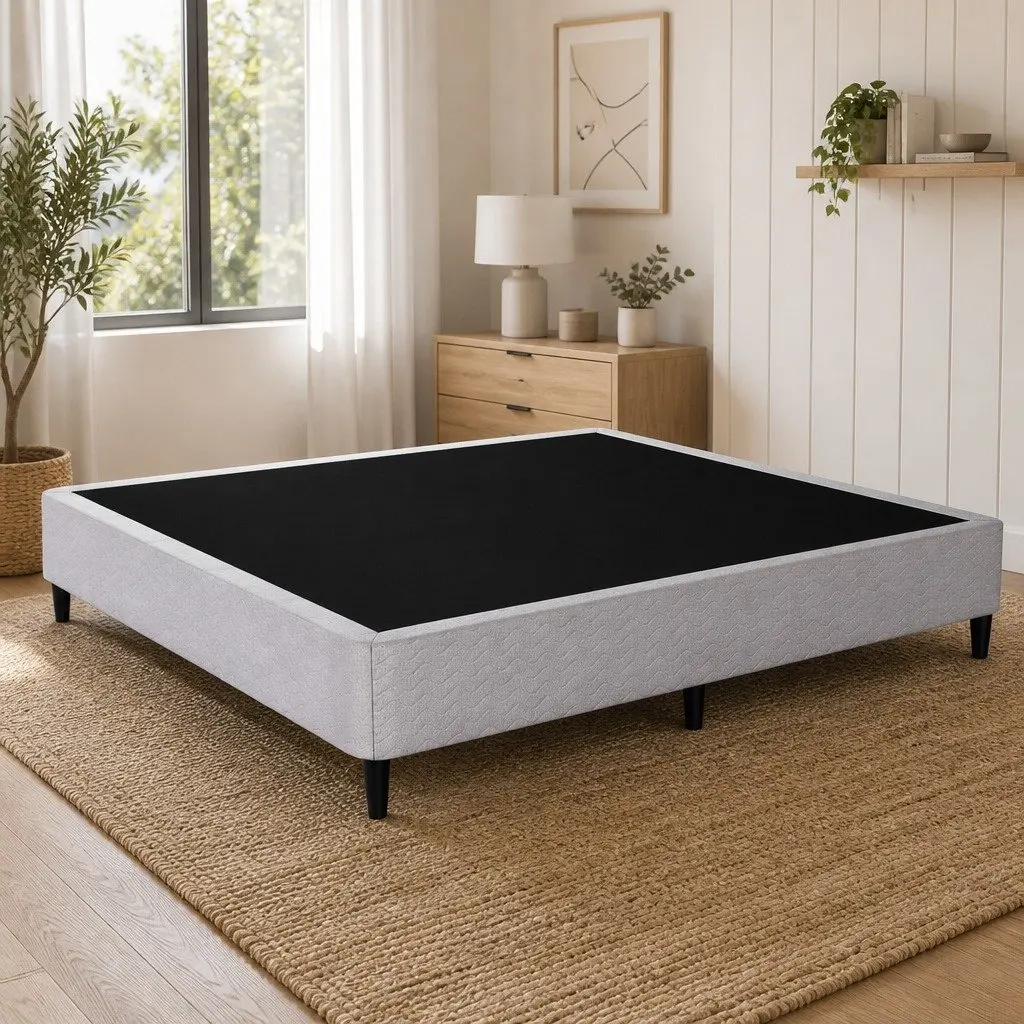 Metal Bed Frame King Size Grey Fabric Cover Sturdy Slat Support Platform