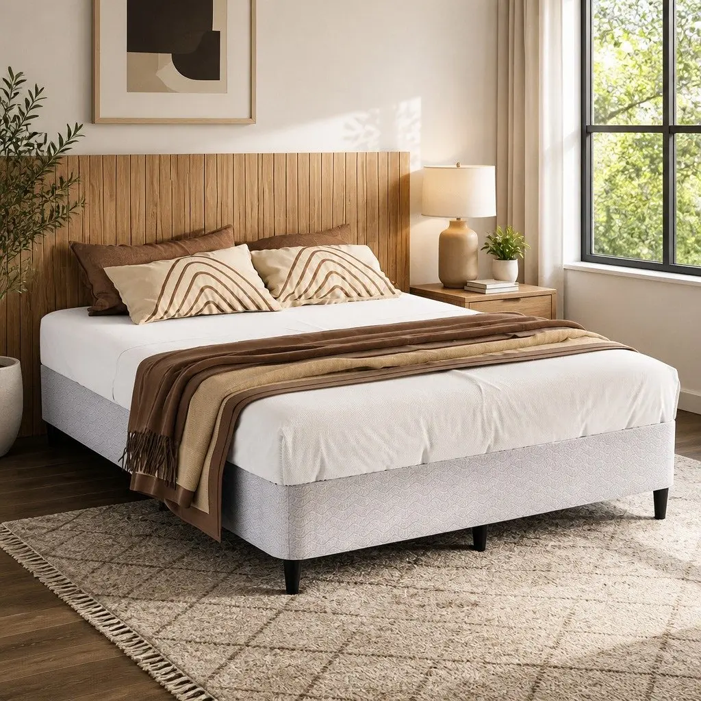 Queen Size Metal Bed Frame Fabric Cover Grey