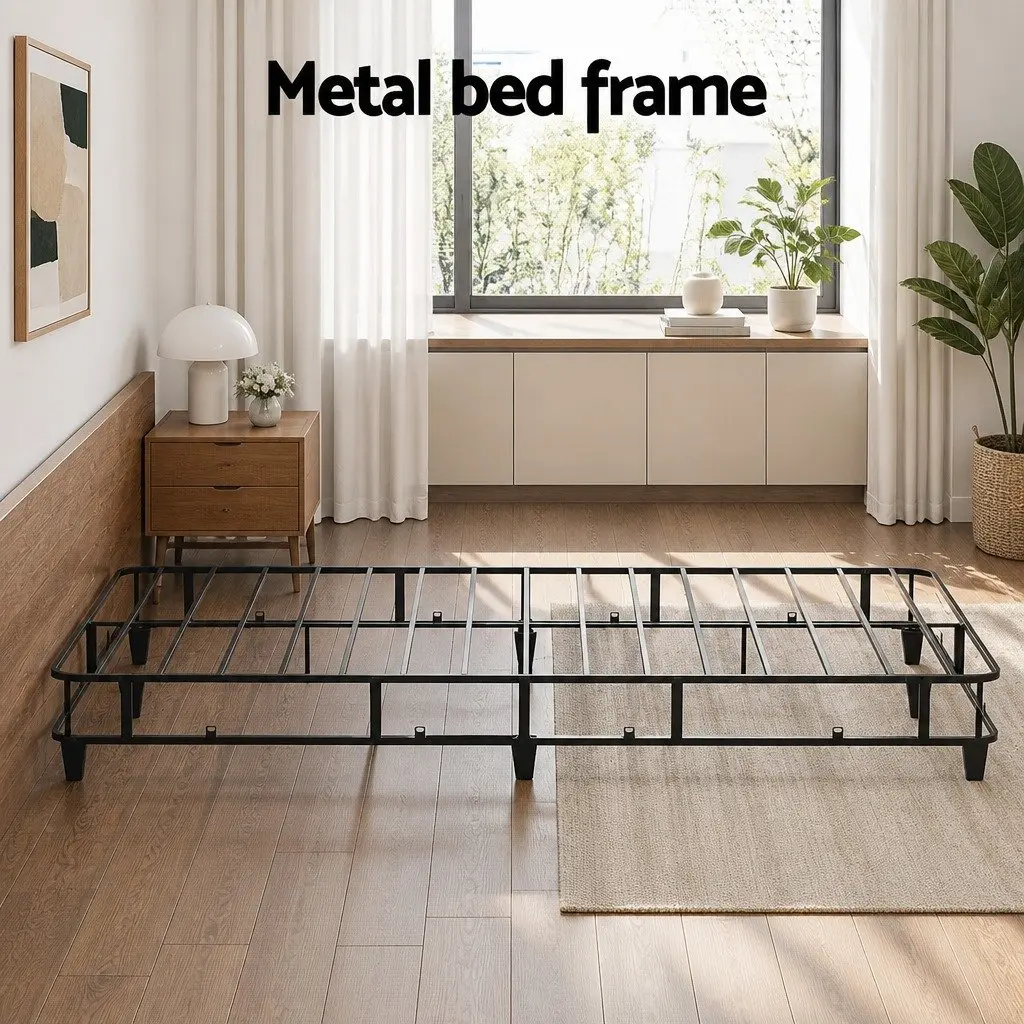 Queen Size Metal Bed Frame Fabric Cover Grey