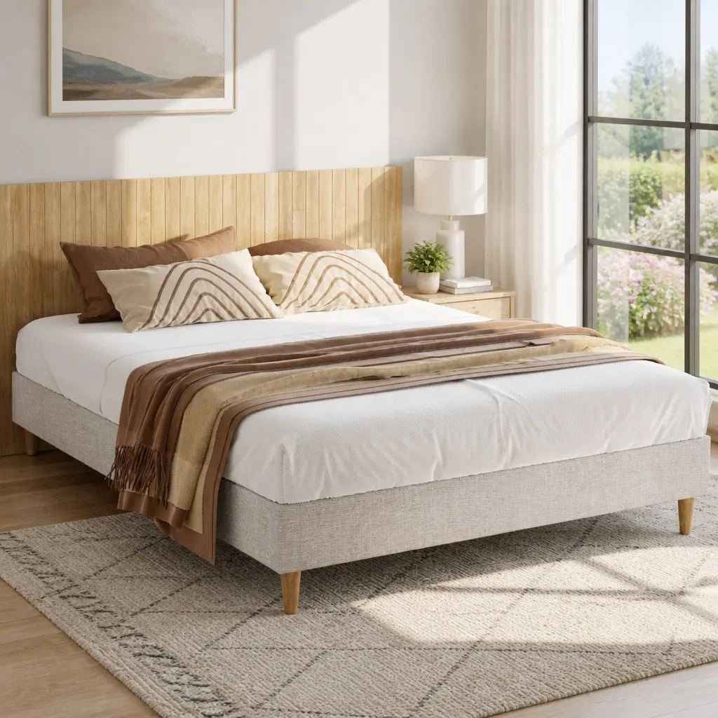 Double Bed Frame Beige Upholstered Wooden Slat Base Bedroom Furniture