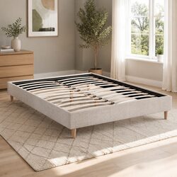 Comfortable Queen Bed Frame in Soft Beige Upholstery