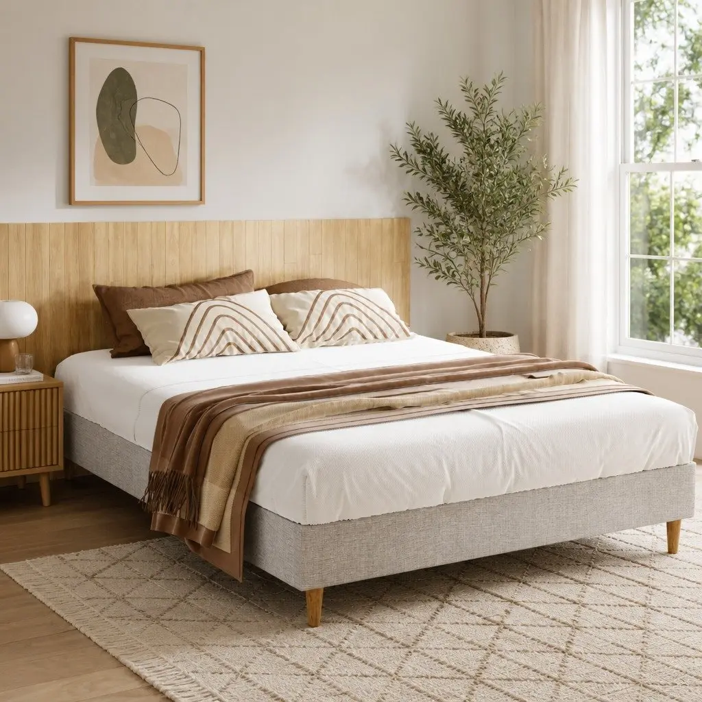 Queen Bed Frame in Soft Beige Upholstery