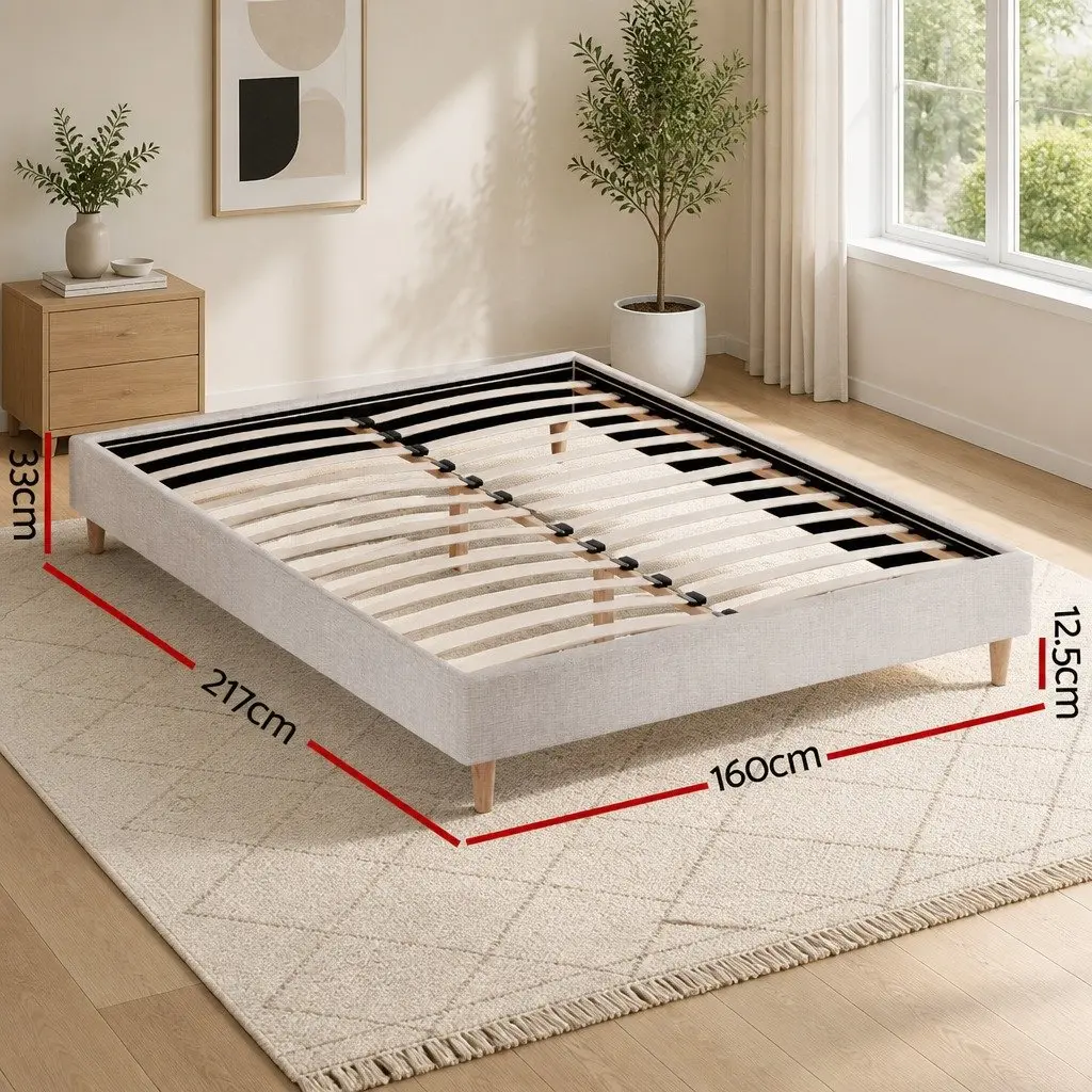 Queen Bed Frame in Soft Beige Upholstery