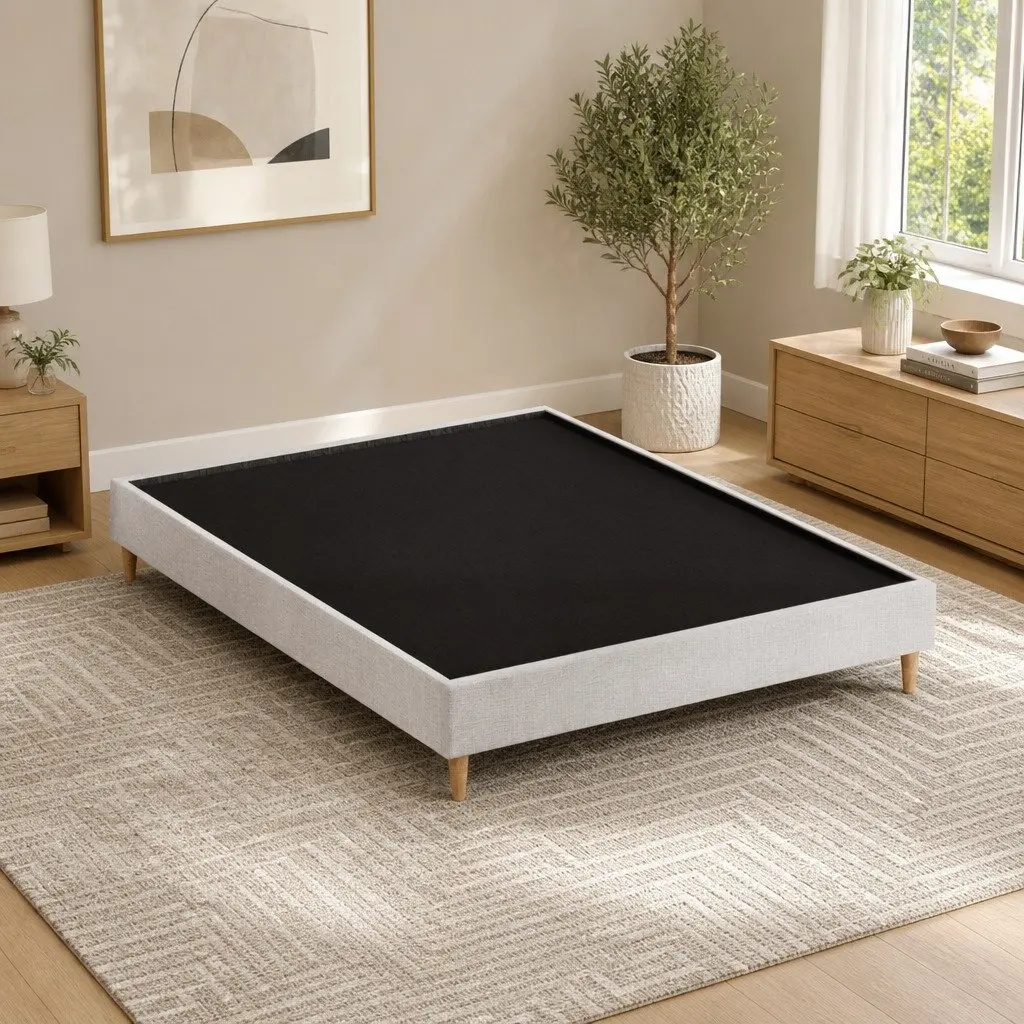 Queen Bed Frame in Soft Beige Upholstery