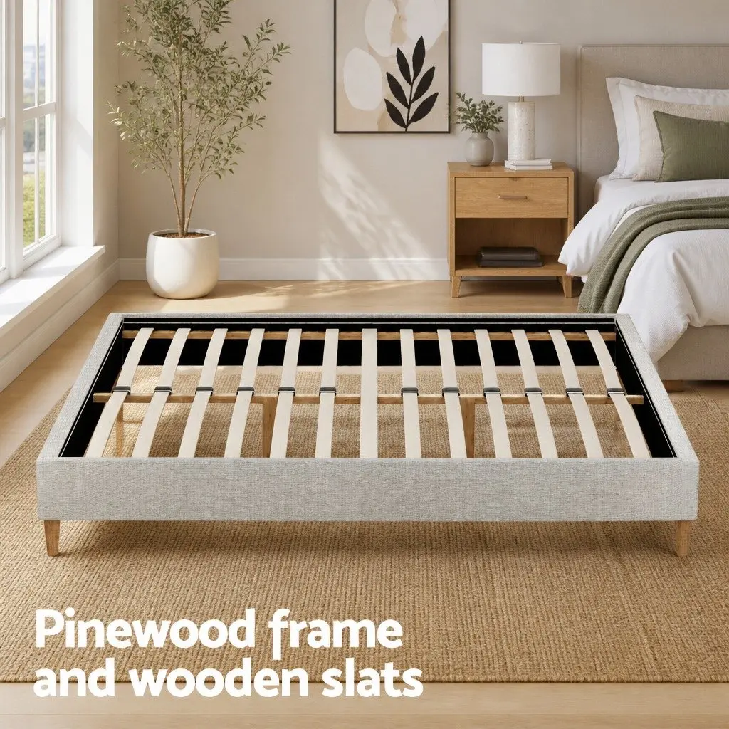 Queen Bed Frame in Soft Beige Upholstery