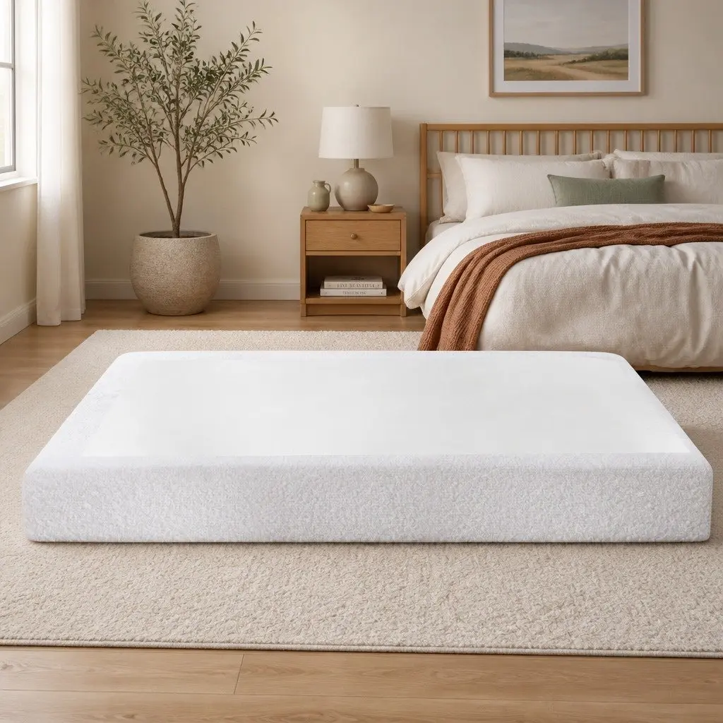 Compression Foam Bed Frame Double Size No Assembly White Boucle High Density Sponge