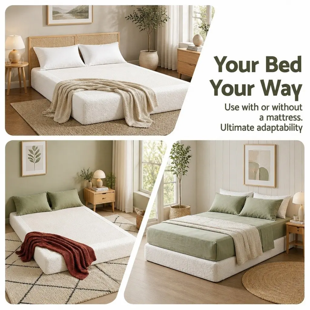Compression Foam Bed Frame Double Size No Assembly White Boucle High Density Sponge