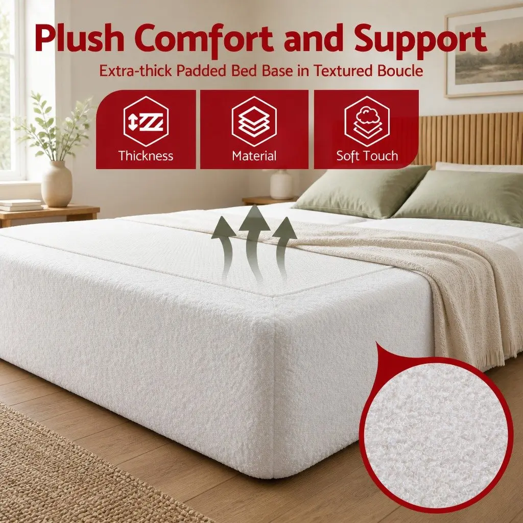 Compression Foam Bed Frame Double Size No Assembly White Boucle High Density Sponge