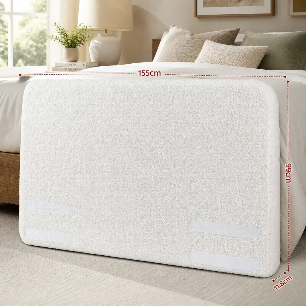 Double Headboard Bed Frame Boucle Fabric Removable Washable Cover 155W x 99H x 11.8T cm White