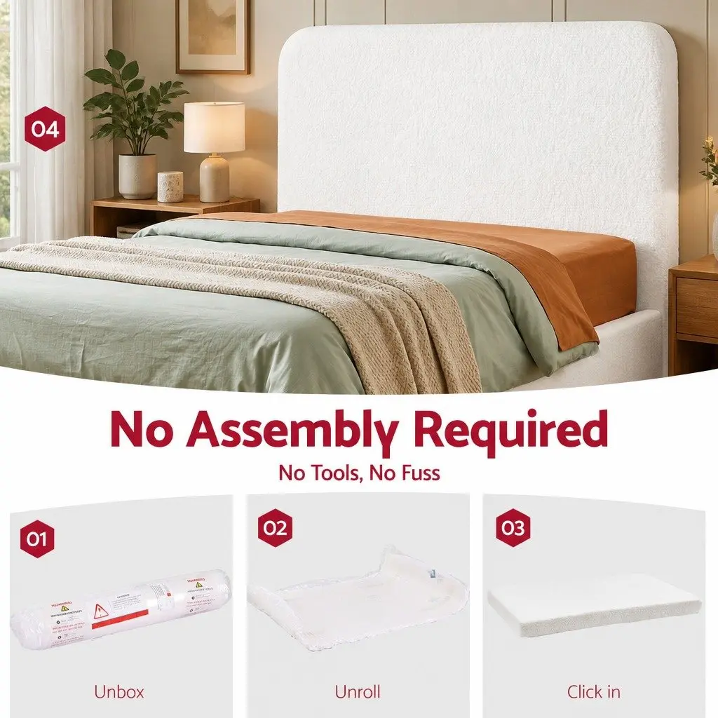 Double Headboard Bed Frame Boucle Fabric Removable Washable Cover 155W x 99H x 11.8T cm White