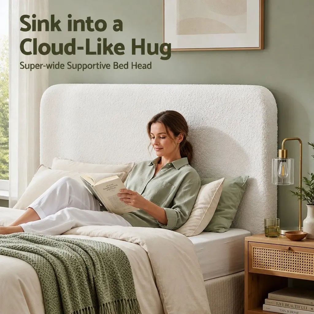 Double Headboard Bed Frame Boucle Fabric Removable Washable Cover 155W x 99H x 11.8T cm White