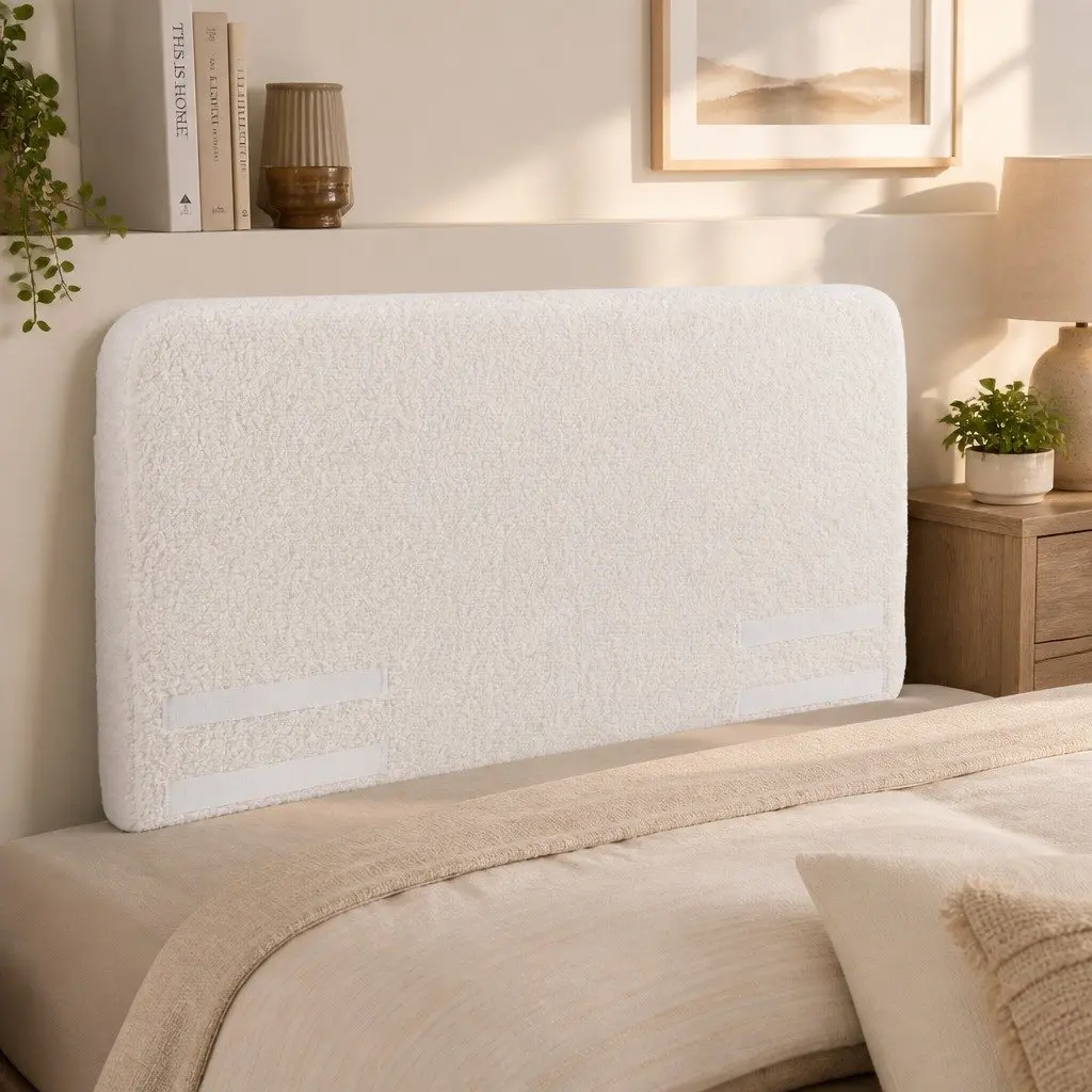 Double Headboard Bed Frame Boucle Fabric Removable Washable Cover 155W x 99H x 11.8T cm White
