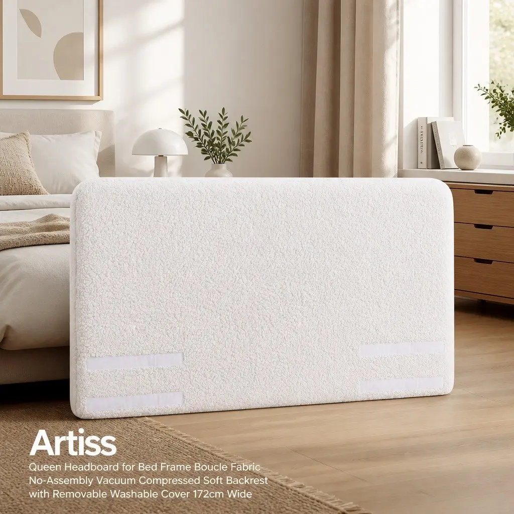 Queen Headboard Boucle Fabric Soft Foam 172W x 99H x 11.8T cm White
