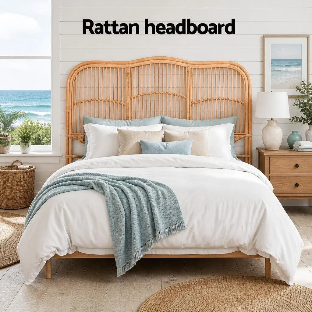 Double Bed Headboard Rattan Natural Pine 140cm W x 120cm H