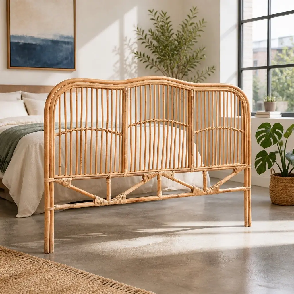 Queen Bed Headboard with Rattan and Pine Construction
