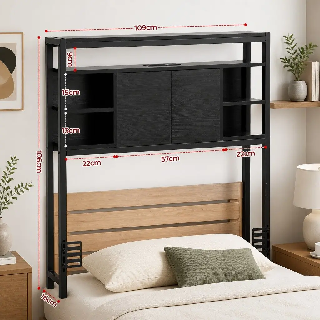King Single Bed Headboard Storage Compartment Charging Station Black
