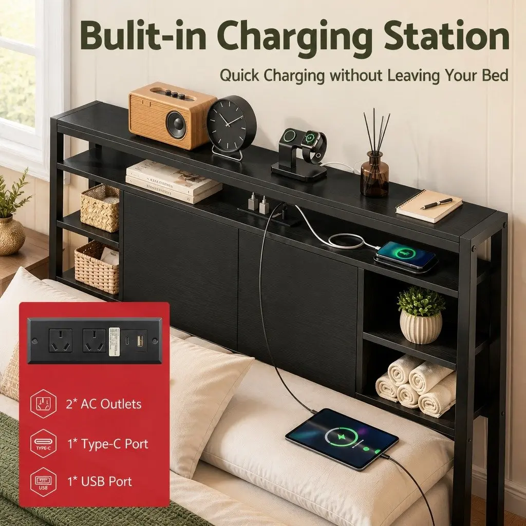King Single Bed Headboard Storage Compartment Charging Station Black