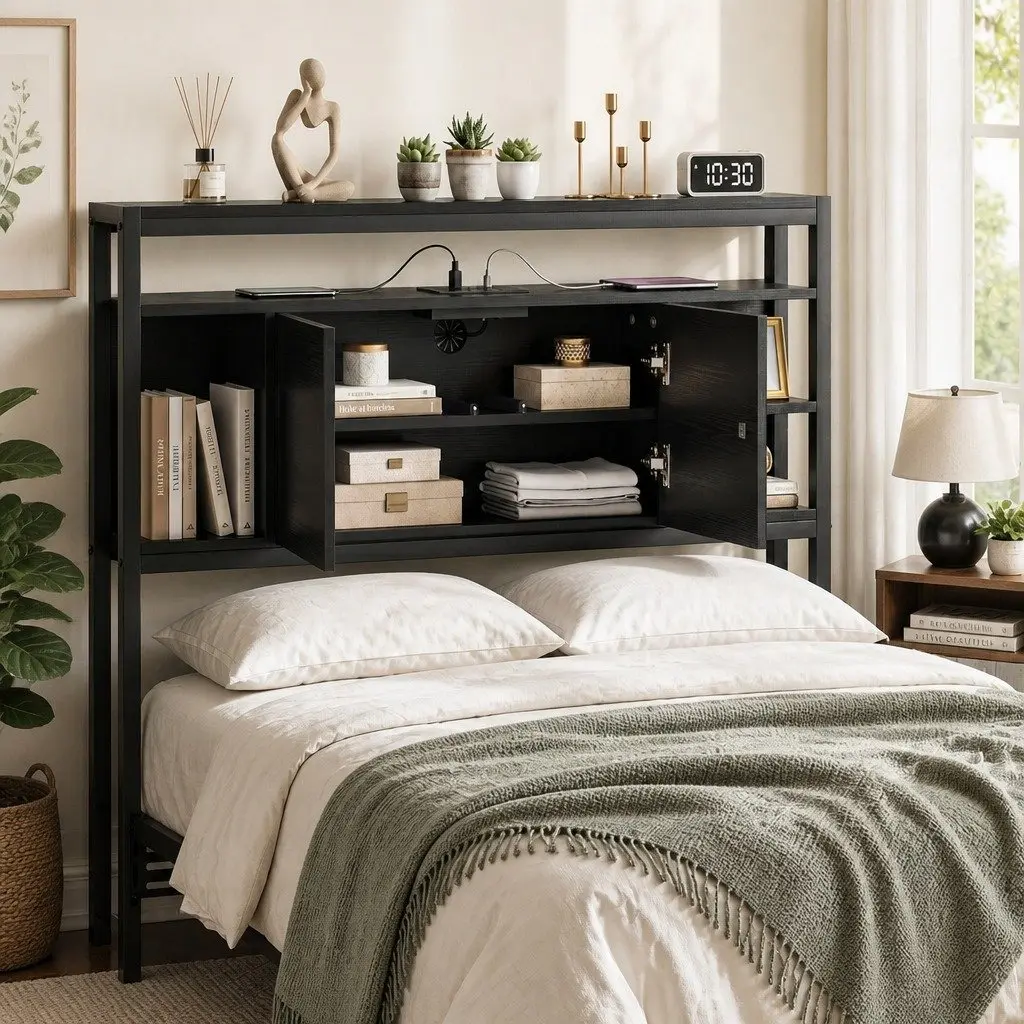 King Single Bed Headboard Storage Compartment Charging Station Black