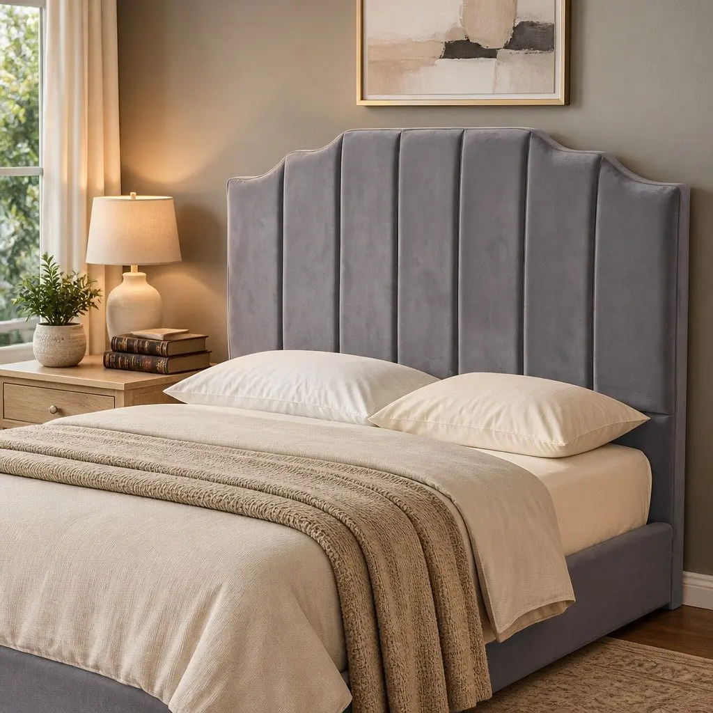 Double Bed Headboard 138cm Grey Velvet Art Deco Vertical Stripe Design