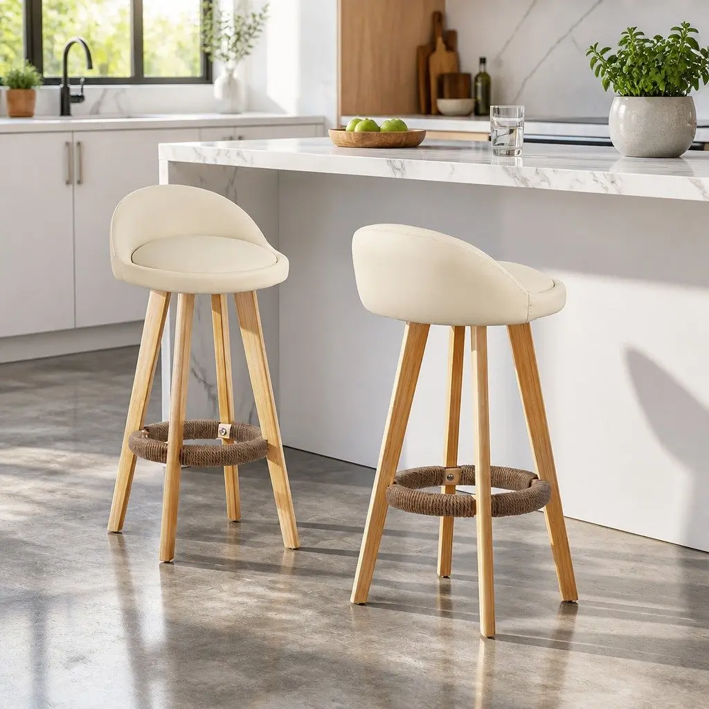 Bar Stools Padded Leather Wooden Beige Swivel 360 Degree Footrest Comfortable