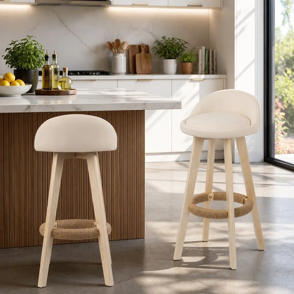Bar Stools Padded Leather Wooden Beige Swivel 360 Degree Footrest Comfortable