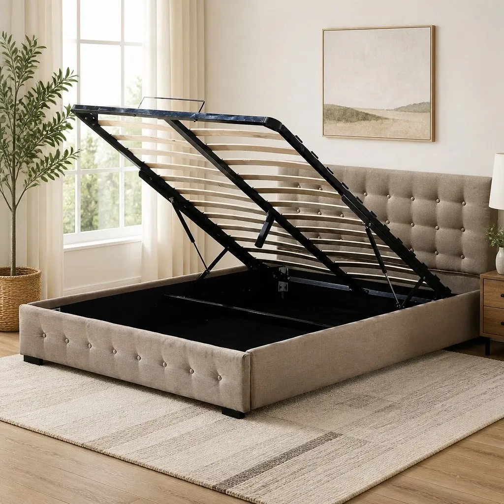 Beige Bed Frame with Storage Solutions