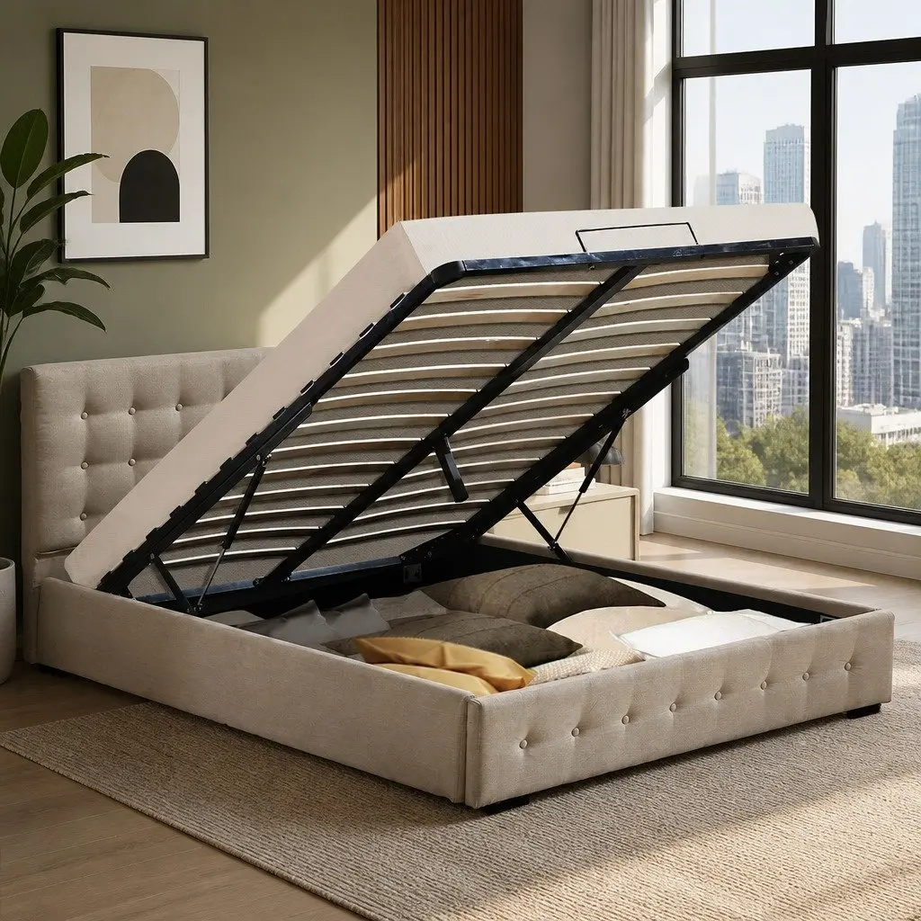Beige Bed Frame with Storage Solutions