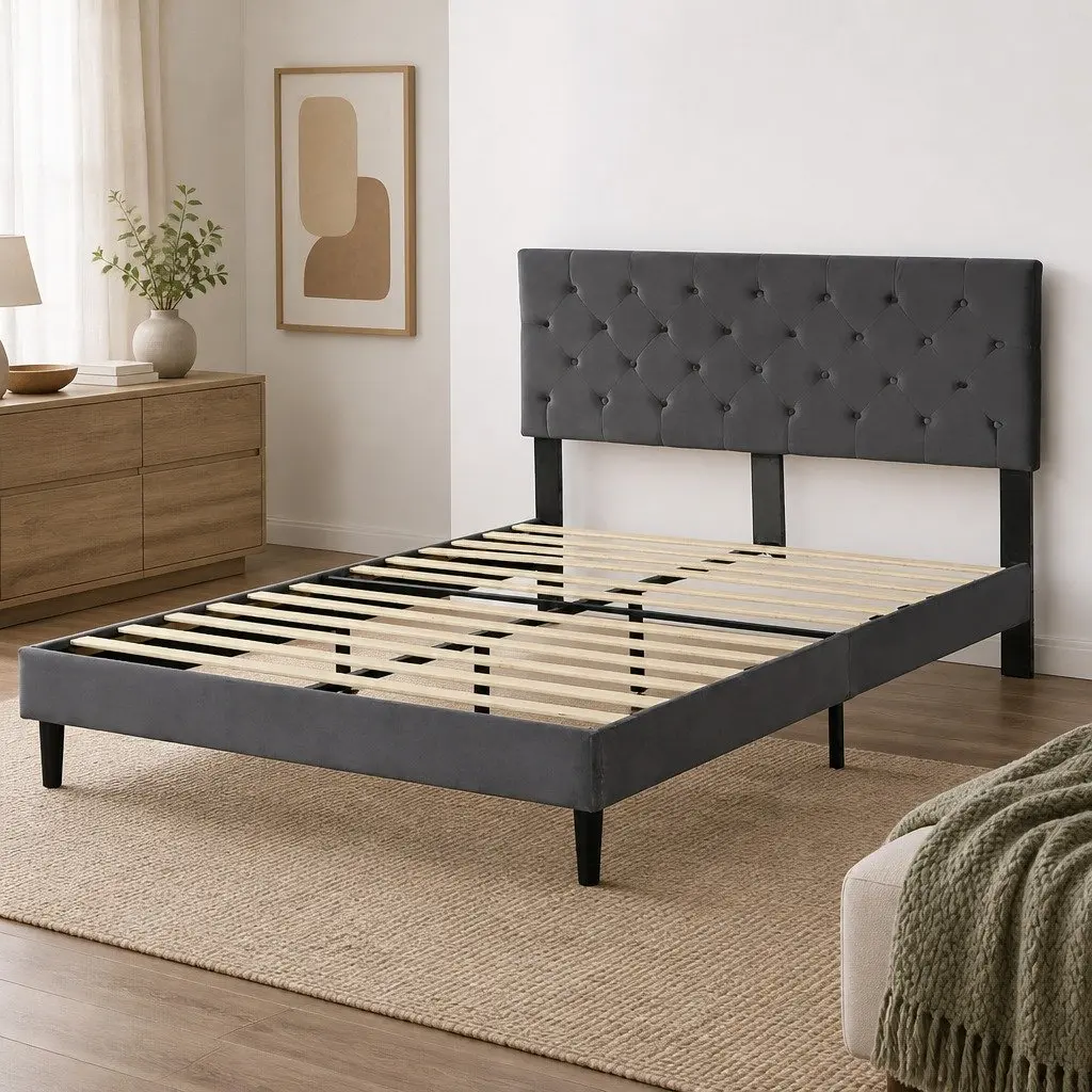 Double Bed Frame with Grey Velvet Headboard