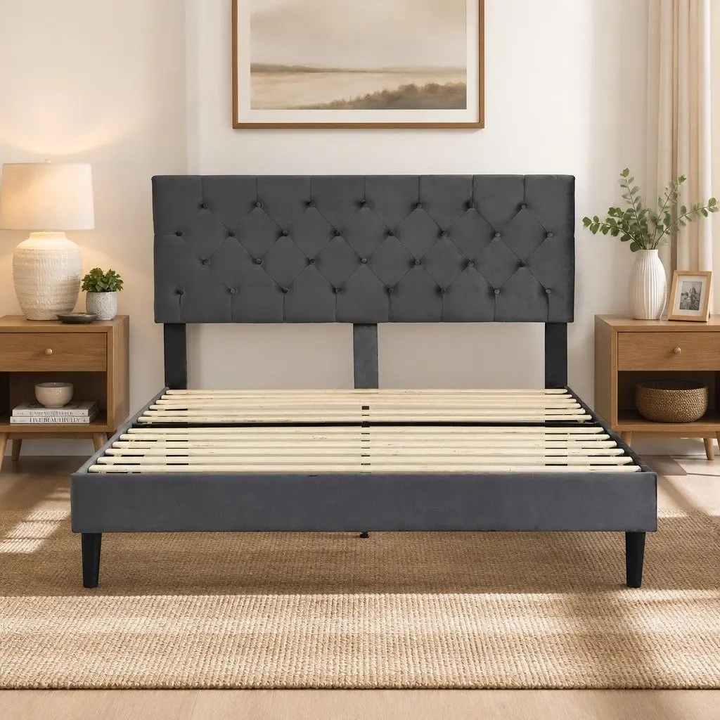 Double Bed Frame with Grey Velvet Headboard