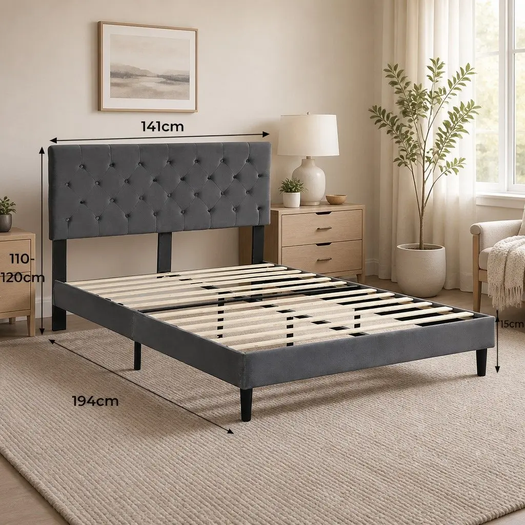 Double Bed Frame with Grey Velvet Headboard
