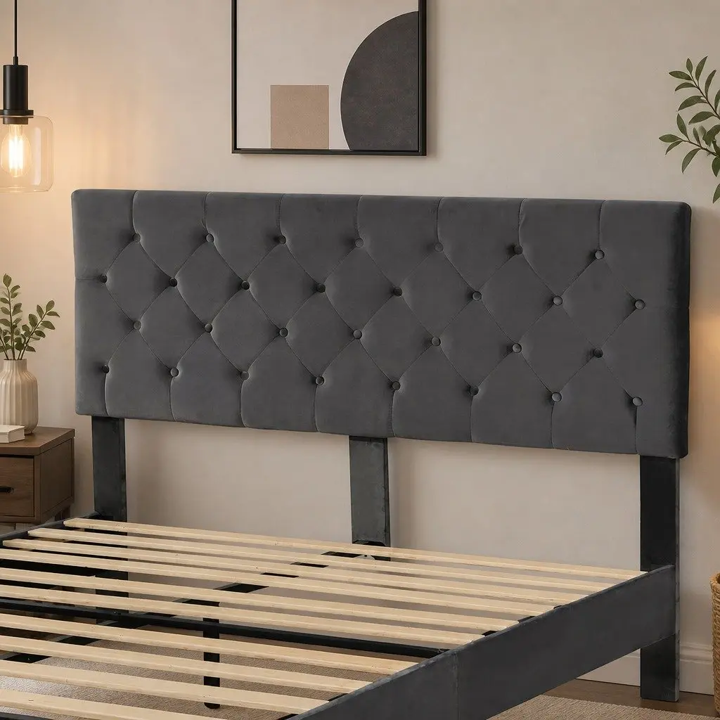 Double Bed Frame with Grey Velvet Headboard