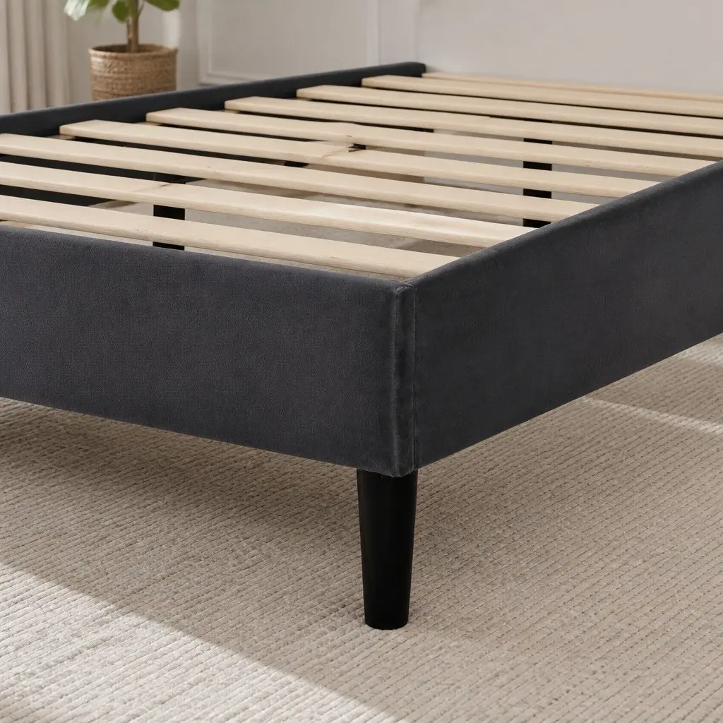 Double Bed Frame with Grey Velvet Headboard