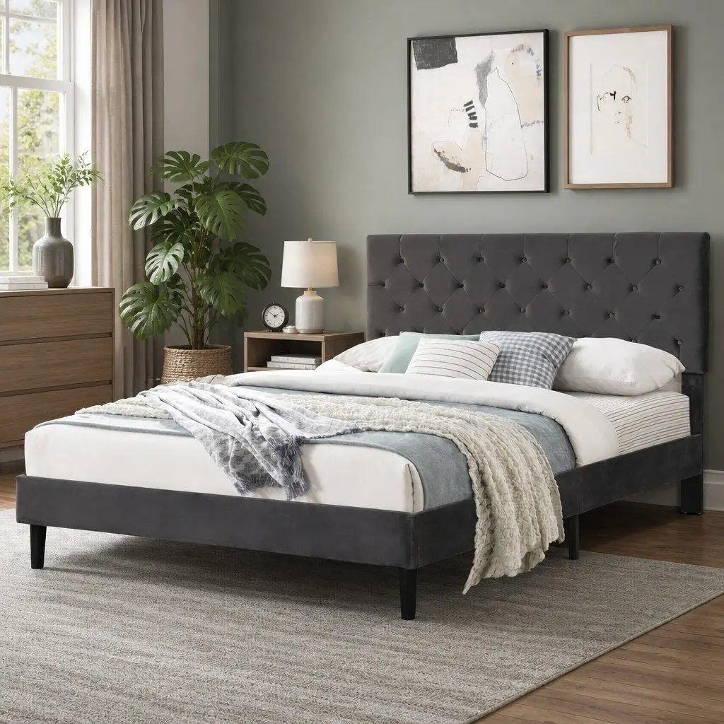 Double Bed Frame with Grey Velvet Headboard