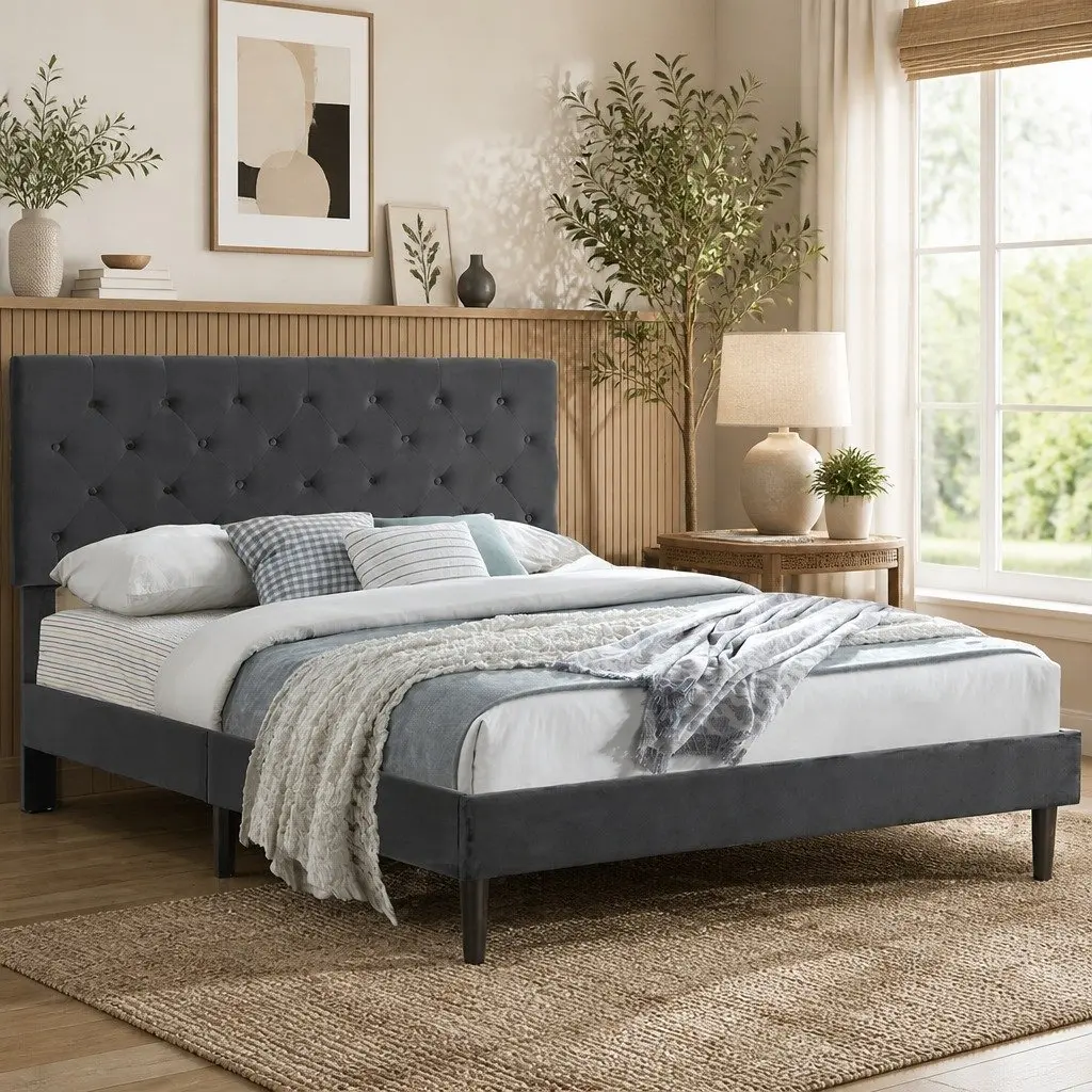 Double Bed Frame with Grey Velvet Headboard