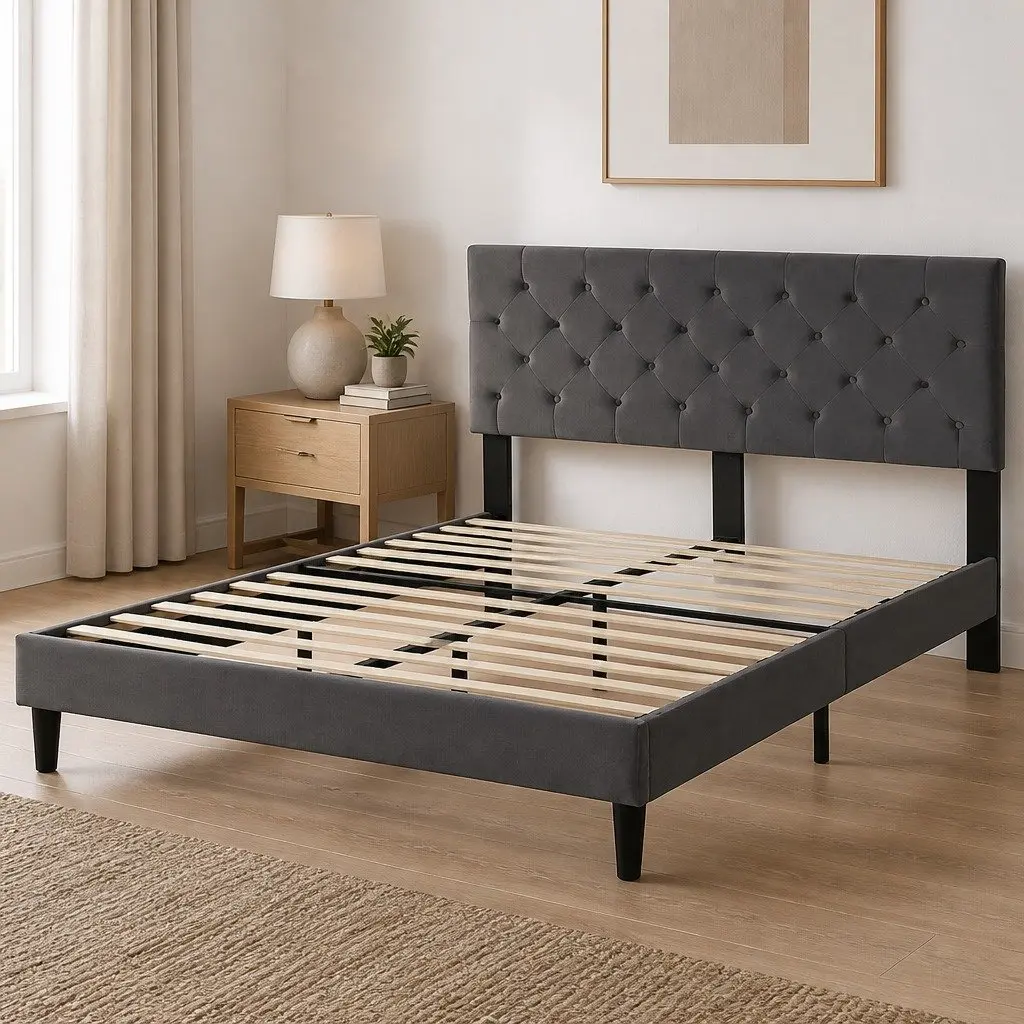 Queen Bed Frame with Velvet Upholstery and Support