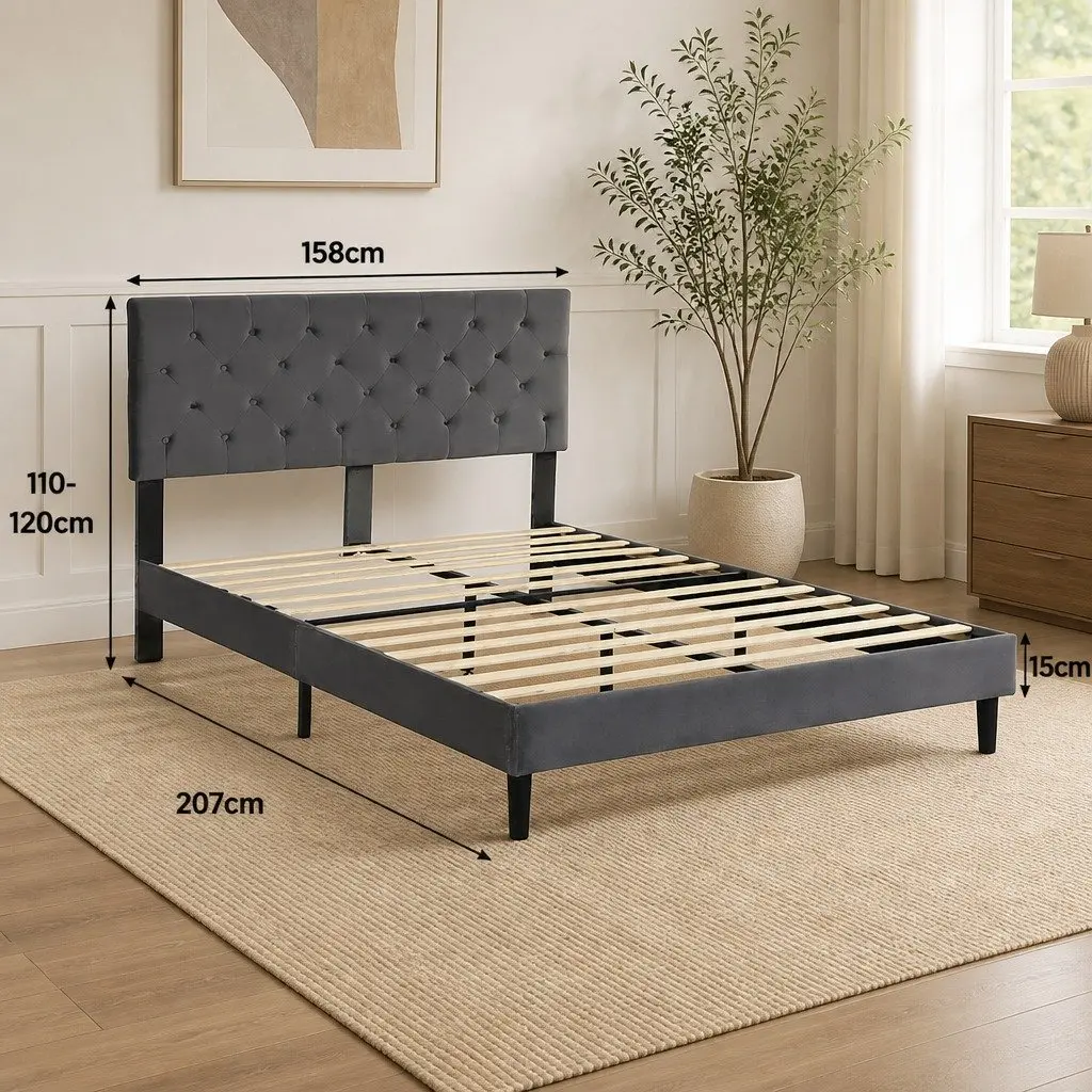 Queen Bed Frame with Velvet Upholstery and Support