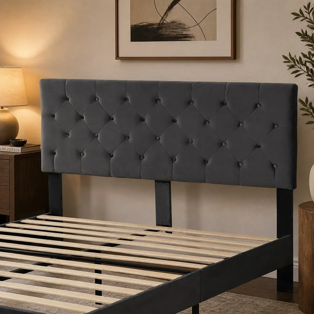 Queen Bed Frame with Velvet Upholstery and Support
