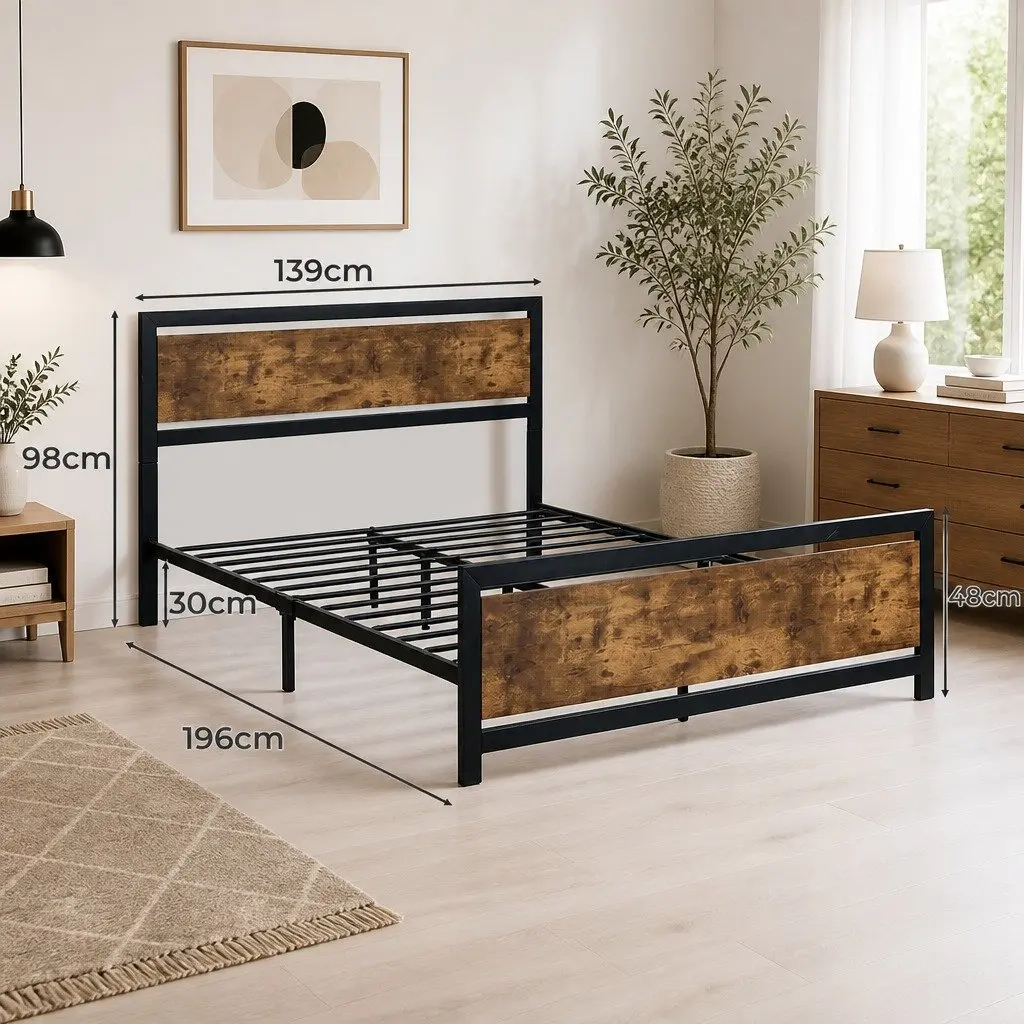 Metal Bed Frame Double Queen Size Industrial Steel Slats Storage Mattress Base Brown