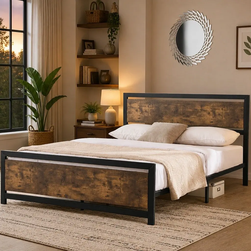 Metal Bed Frame Double Queen Size Industrial Steel Slats Storage Mattress Base Brown