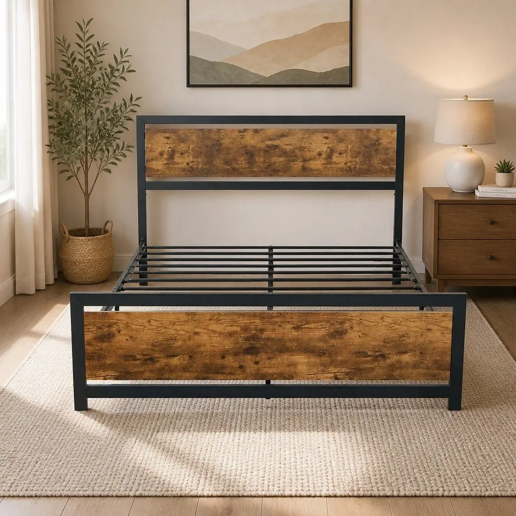 Metal Bed Frame Queen Size Industrial Design Steel Slats Storage Platform Base