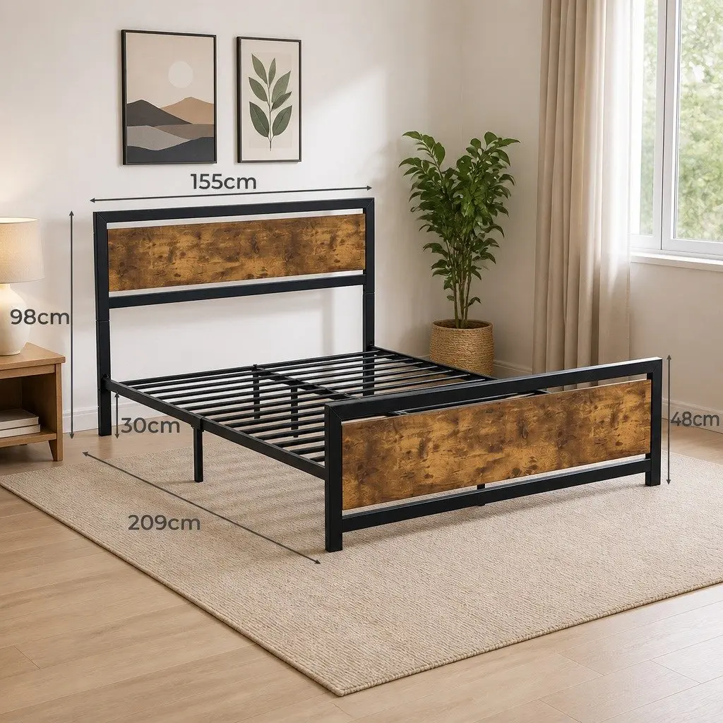 Metal Bed Frame Queen Size Industrial Design Steel Slats Storage Platform Base