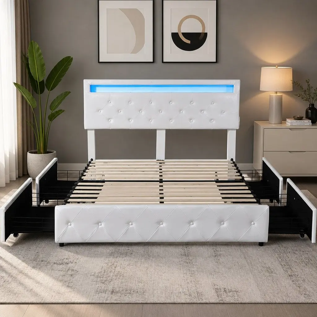 Queen Bed Frame with Storage Drawers and LEDs