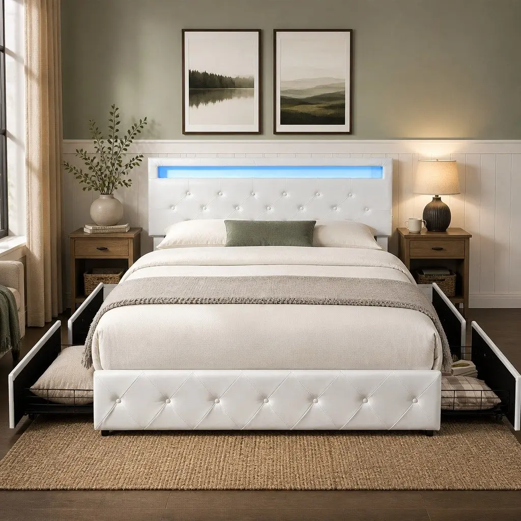 Queen Bed Frame with Storage Drawers and LEDs