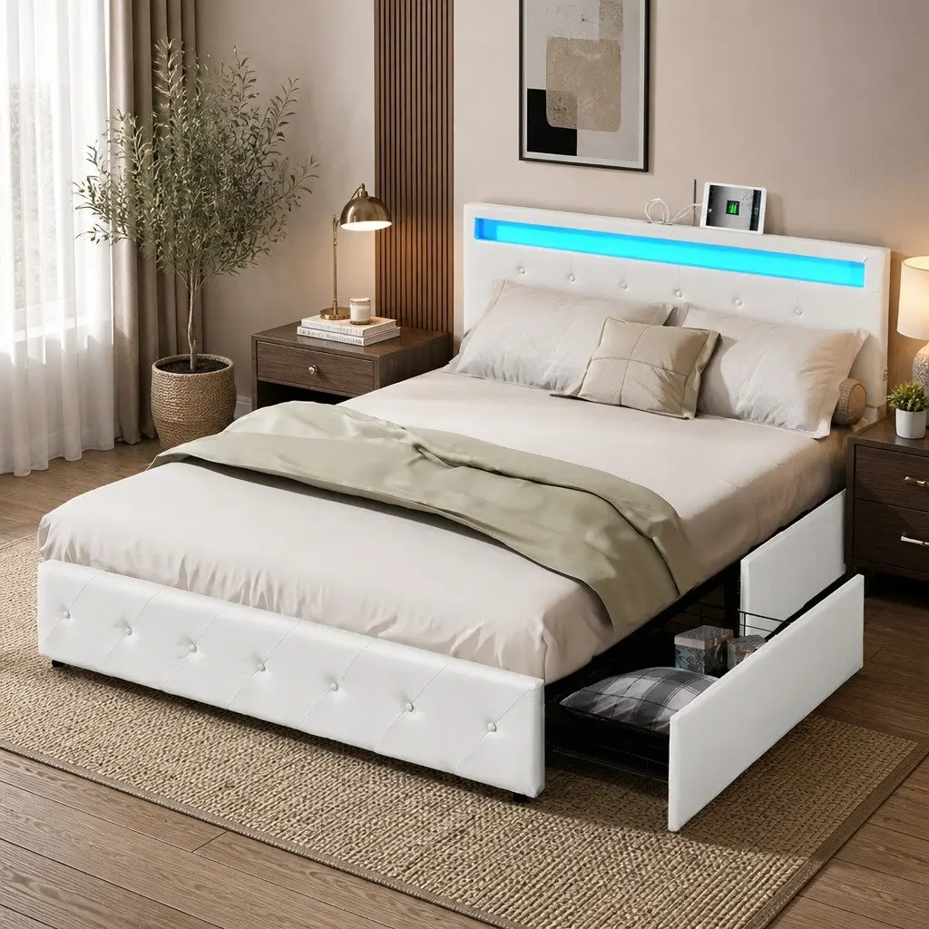 Queen Bed Frame with Storage Drawers and LEDs