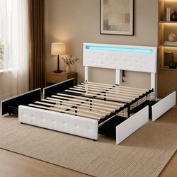 Cozy Queen Bed Frame with Storage and Customizable Lighting