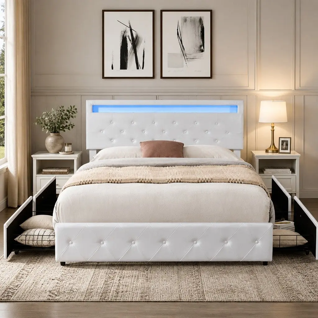 Queen Bed Frame with Storage and Customizable Lighting