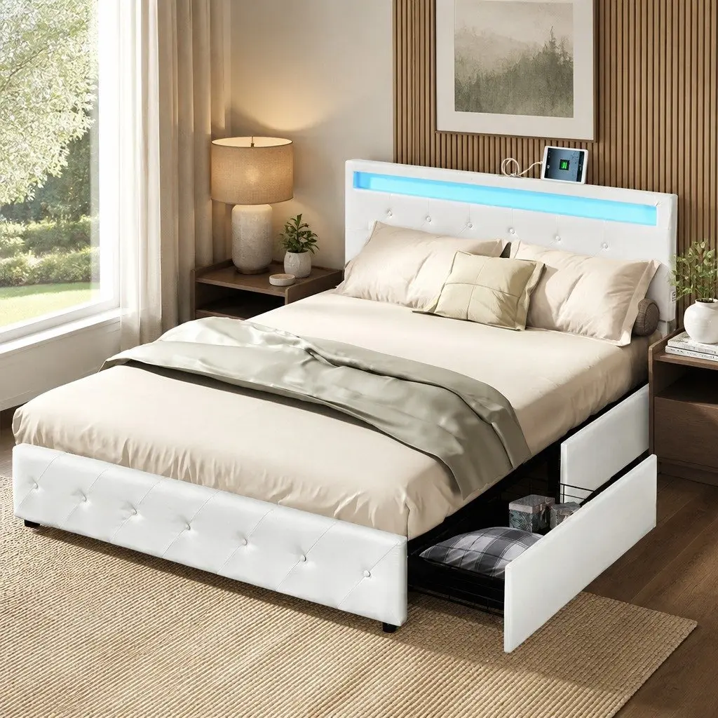 Queen Bed Frame with Storage and Customizable Lighting
