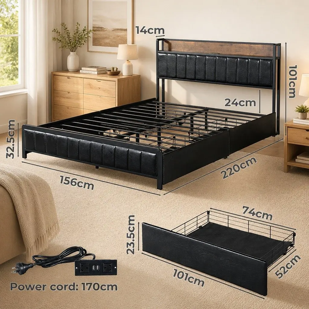Queen Bed Frame with 4 Storage Drawers USB Charging Ports PU Headboard