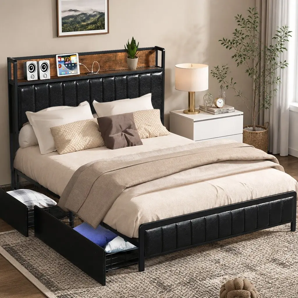 Queen Bed Frame with 4 Storage Drawers USB Charging Ports PU Headboard